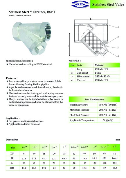 Arita Stainless Steel Y-Strainer, BSPT