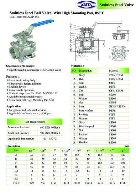 Arita Stainless Steel Ball Valve, With High Mounting Pad, BSPT