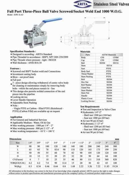 Arita Stainless Steel Ball Valve (3PC Body)