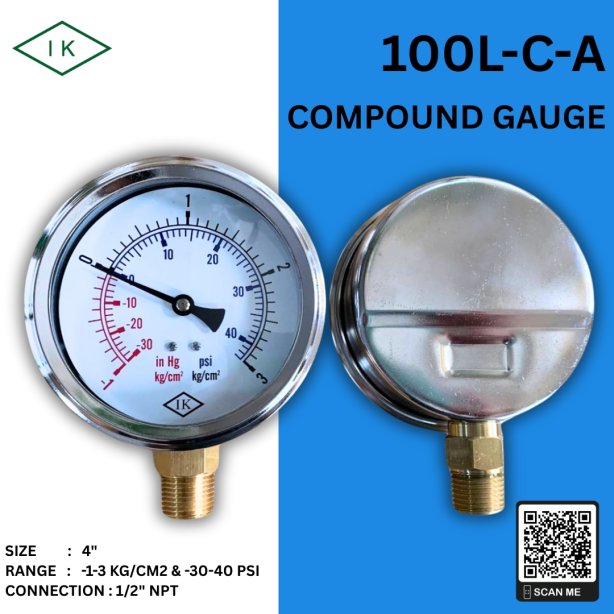 &quot;IK&quot; Compound Gauge  -1-3 KG/CM2 &amp; -30 CMHG-40 PSI