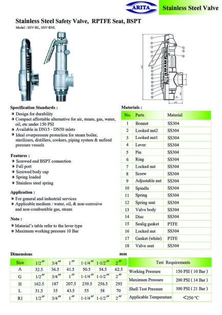 Arita Stainless Steel Safety Valve, RPTFE Seat, BSPT