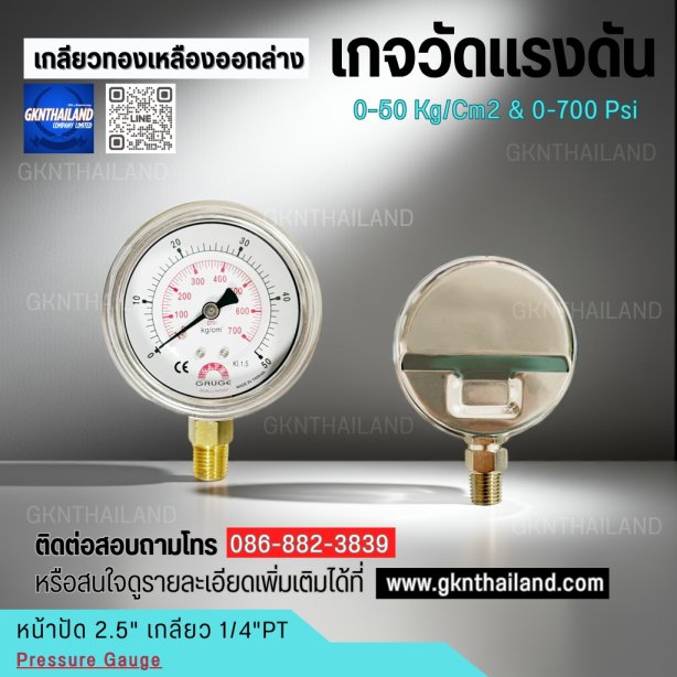 Safegauge Pressure Gauge 0-50 kg/cm2 &amp; 0-700 psi Body : sus304 Dia.2.5&quot; Conn.brass 1/4&quot;pt Bottom Type