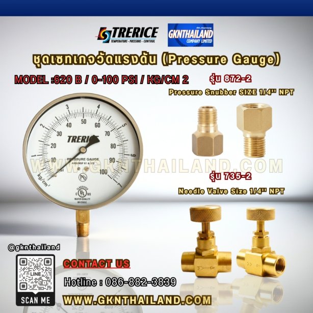 "TRERICE" PRESSURE GAUGE  MODEL : 620B RANGE : 0-100 PSI &amp; 0-7 KG/CM2 &amp; BRASS PRESSURE SNUBBER &amp; BRASS NEEDLE VALVE