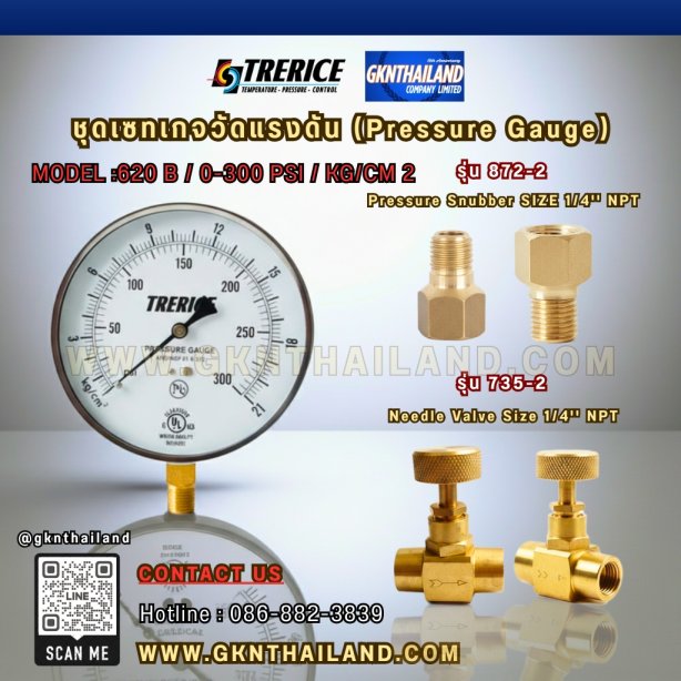 "TRERICE" PRESSURE GAUGE  MODEL : 620B RANGE : 0-300 PSI &amp; 0-21 KG/CM2 &amp; BRASS PRESSURE SNUBBER &amp; BRASS NEEDLE VALVE