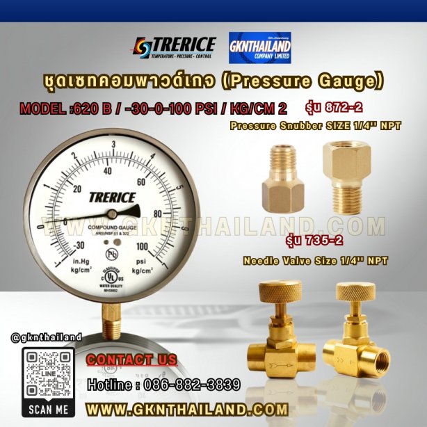 "TRERICE" COMPOUND GAUGE  MODEL : 620B RANGE : 30-0-100 PSI &amp; -30 INHG-7 KG/CM2 &amp; BRASS PRESSURE SNUBBER &amp; BRASS NEEDLE VALVE