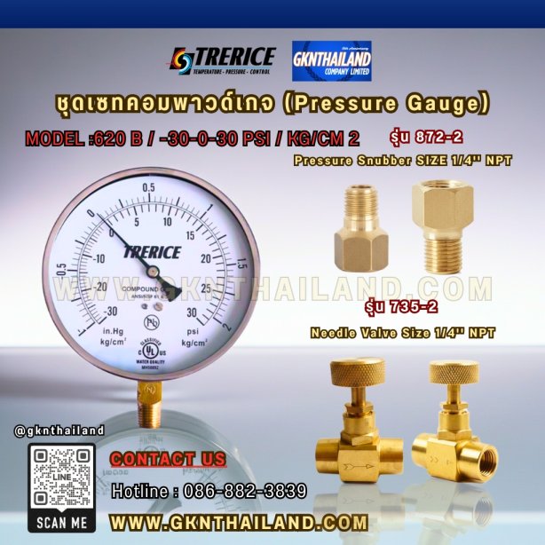 "TRERICE" COMPOUND GAUGE  MODEL : 620B RANGE : 30-0-30 PSI &amp; -30 INHG-2 KG/CM2 &amp; BRASS PRESSURE SNUBBER &amp; BRASS NEEDLE VALVE