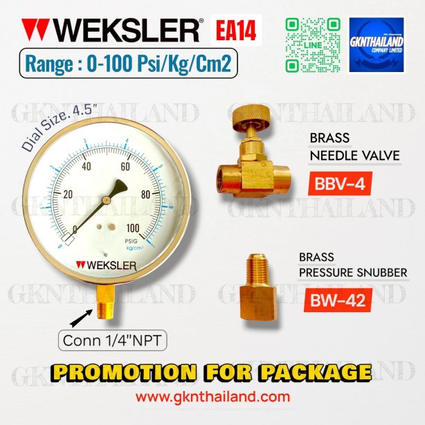 &quot;WEKSLER&quot; PRESSURE GAUGE MODEL : EA14MC RANGE : 0-100 PSI &amp; 0-7 KG/CM2 &amp; BRASS PRESSURE SNUBBER &amp; BRASS NEEDLE VALVE