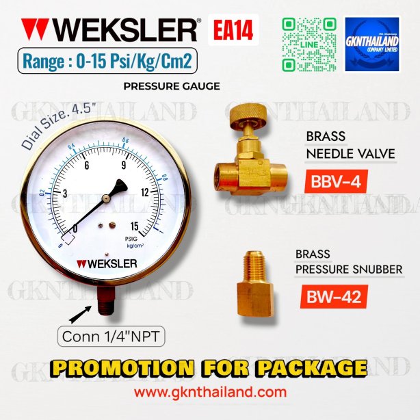 &quot;WEKSLER&quot; PRESSURE GAUGE MODEL : EA142M RANGE : 0-15 PSI &amp; 0-1 KG/CM2 &amp; BRASS PRESSURE SNUBBER &amp; BRASS NEEDLE VALVE