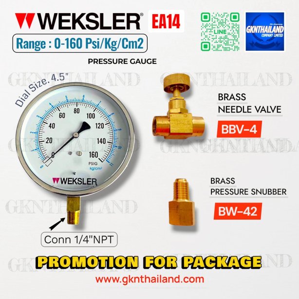 &quot;WEKSLER&quot; PRESSURE GAUGE MODEL : EA14MD RANGE : 0-160 PSI &amp; 0-11 KG/CM2 &amp; BRASS PRESSURE SNUBBER &amp; BRASS NEEDLE VALVE