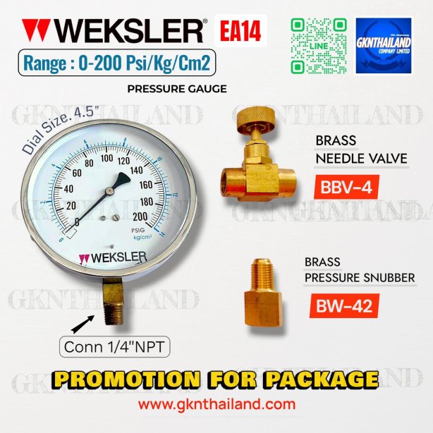 &quot;WEKSLER&quot; PRESSURE GAUGE MODEL : EA14ME RANGE : 0-200 PSI &amp; 0-14 KG/CM2 &amp; BRASS PRESSURE SNUBBER &amp; BRASS NEEDLE VALVE
