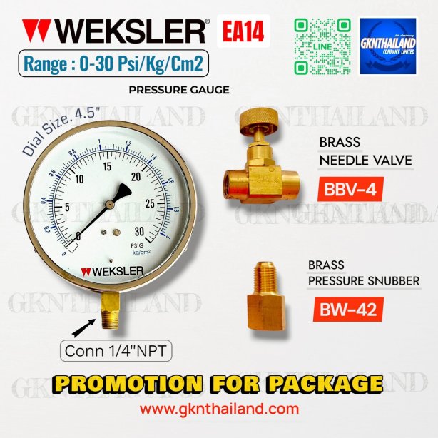 &quot;WEKSLER&quot; PRESSURE GAUGE MODEL : EA14MB RANGE : 0-60 PSI &amp; 0-4 KG/CM2 &amp; BRASS PRESSURE SNUBBER &amp; BRASS NEEDLE VALVE
