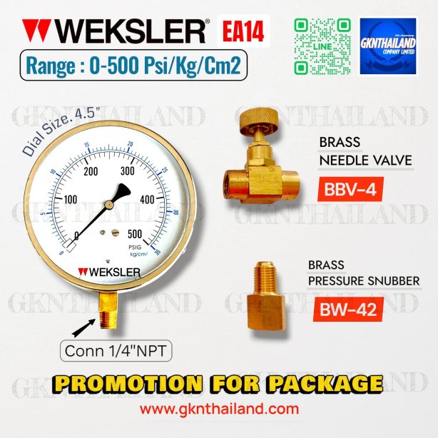 &quot;WEKSLER&quot; PRESSURE GAUGE MODEL : EA14MG RANGE : 0-500 PSI &amp; 0-35 KG/CM2 &amp; BRASS PRESSURE SNUBBER &amp; BRASS NEEDLE VALVE