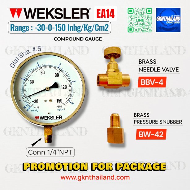 "WEKSLER" COMPOUND GAUGE  MODEL : EA14ML RANGE : 30-0-150 PSI & -30 INHG-10 KG/CM2 & BRASS PRESSURE SNUBBER & BRASS NEEDLE VALVE