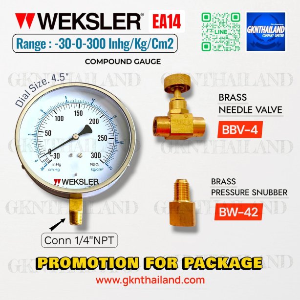 "WEKSLER" COMPOUND GAUGE  MODEL : EA14MM RANGE : 30-0-300 PSI & -30 INHG-21 KG/CM2 & BRASS PRESSURE SNUBBER & BRASS NEEDLE VALVE