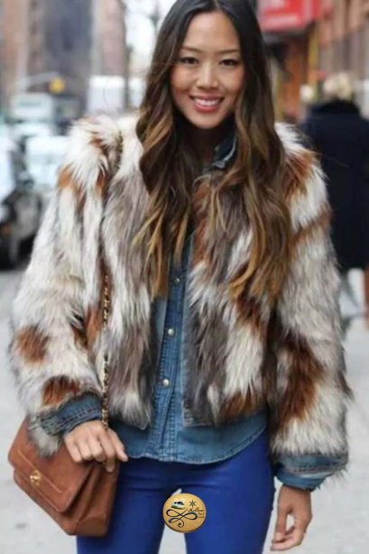 เช่าแจ็คเก็ตเฟอร์ รุ่น Fur Fau Brwon and Cream Jacket	909GJF543FABRM1