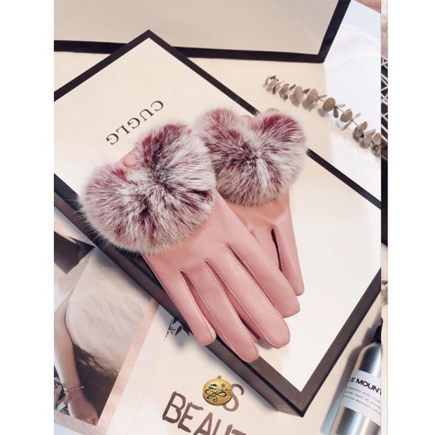 GL-016 ถุงมือหนังบุขนแต่งเฟอร์ทัชสกรีน