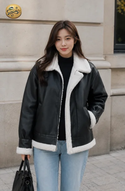 Black Sherpa-Lined Moto Jacket WINTERCLOTHFA0102