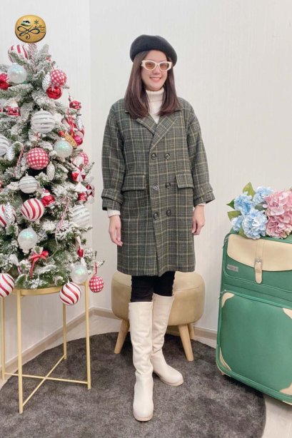 เช่าเสื้อโค้ทผู้หญิง รุ่น Black and White Plaid Single Breasted Coat	2107GCL1234FAMX1