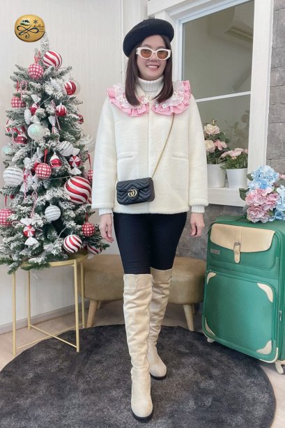 เช่าเสื้อโค้ทผู้หญิง รุ่น   Faux Mink Fluffy Chantilly Lace Pea Jacket   902GCS285FAWHXL1