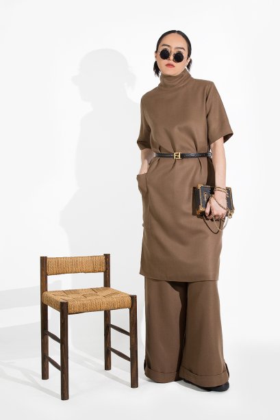 DOUBLE WOOL DRESS & PANTS SET (EARTH TONE)  -  มินิมอลเดรสทรงลูส ผ้าวูลคอตตอน กับกางเกงขากระบอกใหญ่