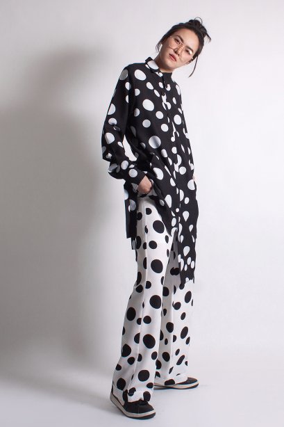 กางเกงขากระบอกใหญ่ ลายพิมพ์ polka dot แนวสตรีทแฟชั่น