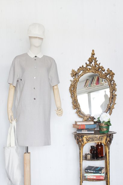 เดรสวินเทจ เชิ้ตเดรส ญี่ปุ่น ผ้าลินิน สีเบจ