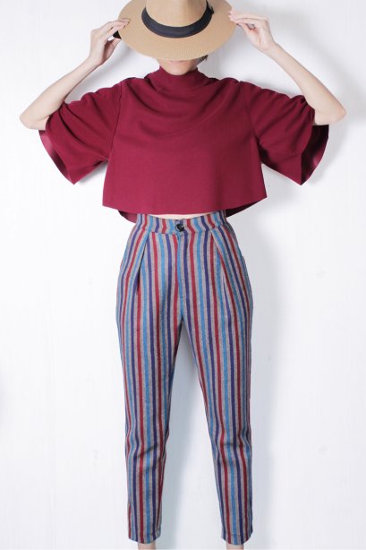 สตรีทแฟชั่น กางเกงผ้าวูล ทอลายทาง เล่นสี