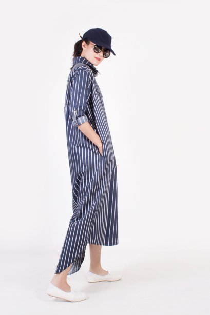 สตรีทแฟชั่น แม็กซี่เดรส ปกเชิ๊ต  (NAVY STRIPE PRINT) by WLS