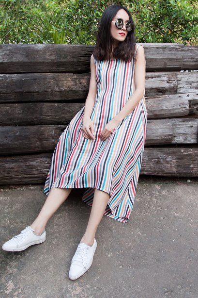 สตรีทแฟชั่น เดรส oversized ลายพิมพ์ลายทาง พาสเทลวินเทจ  by WLS