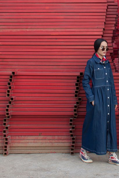 สตรีทแฟชั่น  Oversized Denim Shirt Maxi Dress By WLS