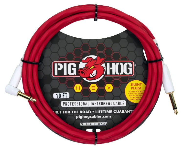 Pig Hog Hex Series Silent Cable 10 ft Candy Apple Red, Right Angle