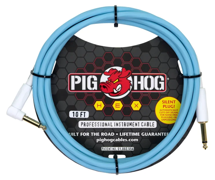 Pig Hog Hex Series Silent Cable 10 ft Daphne Blue, Right Angle