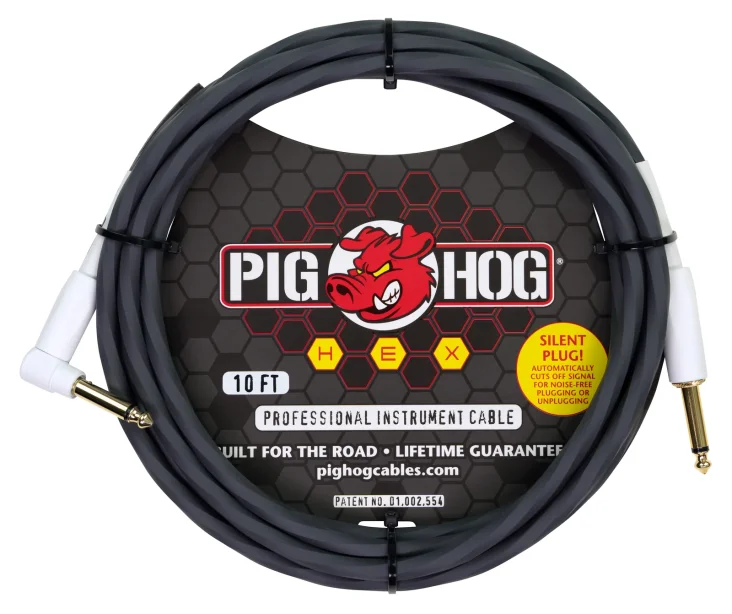 Pig Hog Hex Series Silent Cable 10 ft Grey, Right Angle