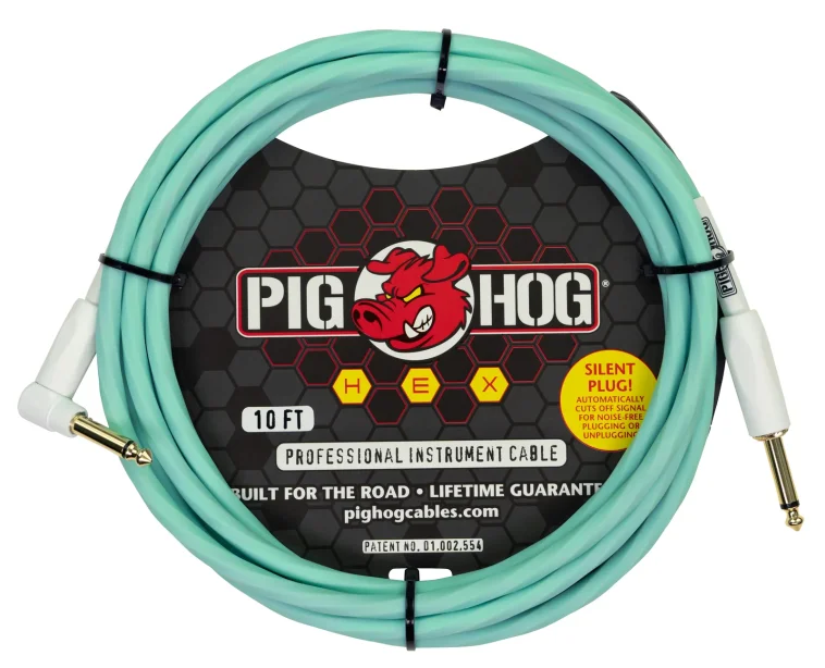 Pig Hog Hex Series Silent Cable 10 ft Seafoam Green, Right Angle
