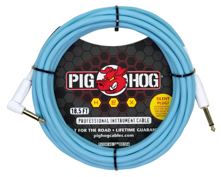 Pig Hog Hex Series Silent Cable 18.6 ft Daphne Blue, Right Angle