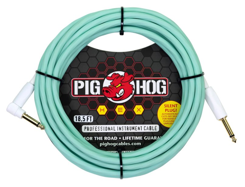 Pig Hog Hex Series Silent Cable 18.6 ft Seafoam Green, Right Angle
