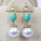 Approx. 10.0 -11.0 mm, White South Sea Pearl, Marquise Topaz Stud Dangle Turquoise Pearl Earrings