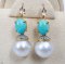 Approx. 10.0 -11.0 mm, White South Sea Pearl, Marquise Topaz Stud Dangle Turquoise Pearl Earrings