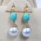 Approx. 10.0 -11.0 mm, White South Sea Pearl, Marquise Topaz Stud Dangle Turquoise Pearl Earrings