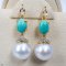 Approx. 10.0 -11.0 mm, White South Sea Pearl, Marquise Topaz Stud Dangle Turquoise Pearl Earrings