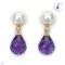 Approx. 6.0 mm, Akoya Pearl, Stud Pearl Earrings with Dangle Faceted Drop Amethyst