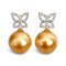 13.0 mm and 13.1 mm, Gala Gold Lot, Gold South Sea Pearl, Stencil Butterfly Diamond Paved Dangle Pearl Stud Earrings