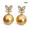 Approx. 12.1 mm and 12.3 mm, Gold South Sea Pearl, Stencil Butterfly Diamond Paved Dangle Pearl Stud Earrings
