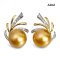 12.5 mm and 12.5 mm, Gold South Sea Pearl, Plume Diamond Paved Pearl Stud Earrings
