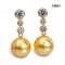 11.6 mm and 11.6 mm, Gold South Sea Pearl, Three Stones Diamond Row Dangle Pearl Stud Earrings