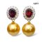 12.0 mm and 12.1 mm, Gold South Sea Pearl, Oval Shape Garnet Halo White Zircon Dangle Pearl Stud Earrings