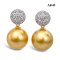 14.4 mm and 14.6 mm, Gold South Sea Pearl, Coin Flower Diamond Dangle Pearl Stud Earrings