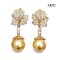 Approx. 11.0 mm, Gold South Sea Pearl, Leaf CZ Row Dangle Pearl Stud Earrings