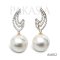(PSL) 14.8 mm, Aurora Phoenix, White South Sea Pearl, Three Stripe Drop Diamond Paved Dangle Pearl Stud Earrings