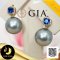[GIA] ต่างหูไพลินล้อมเพทาย ห้อยไข่มุกตาฮิติน้ำเค็มคัดเกรด สีเทา-ฟ้า ทรงกลม ขนาด 12 mm เกรด AA+  (ไข่มุกผ่านการตรวจรับรองคุณภาพจาก สถาบัน GIA, Tahitian 1,199 Lot) ตัวเรือนต่างหู ทองแท้ 18k (น้ำหนักทอง 1.21g) ประดับไพลินและเพทาย CZ / 11.8.64